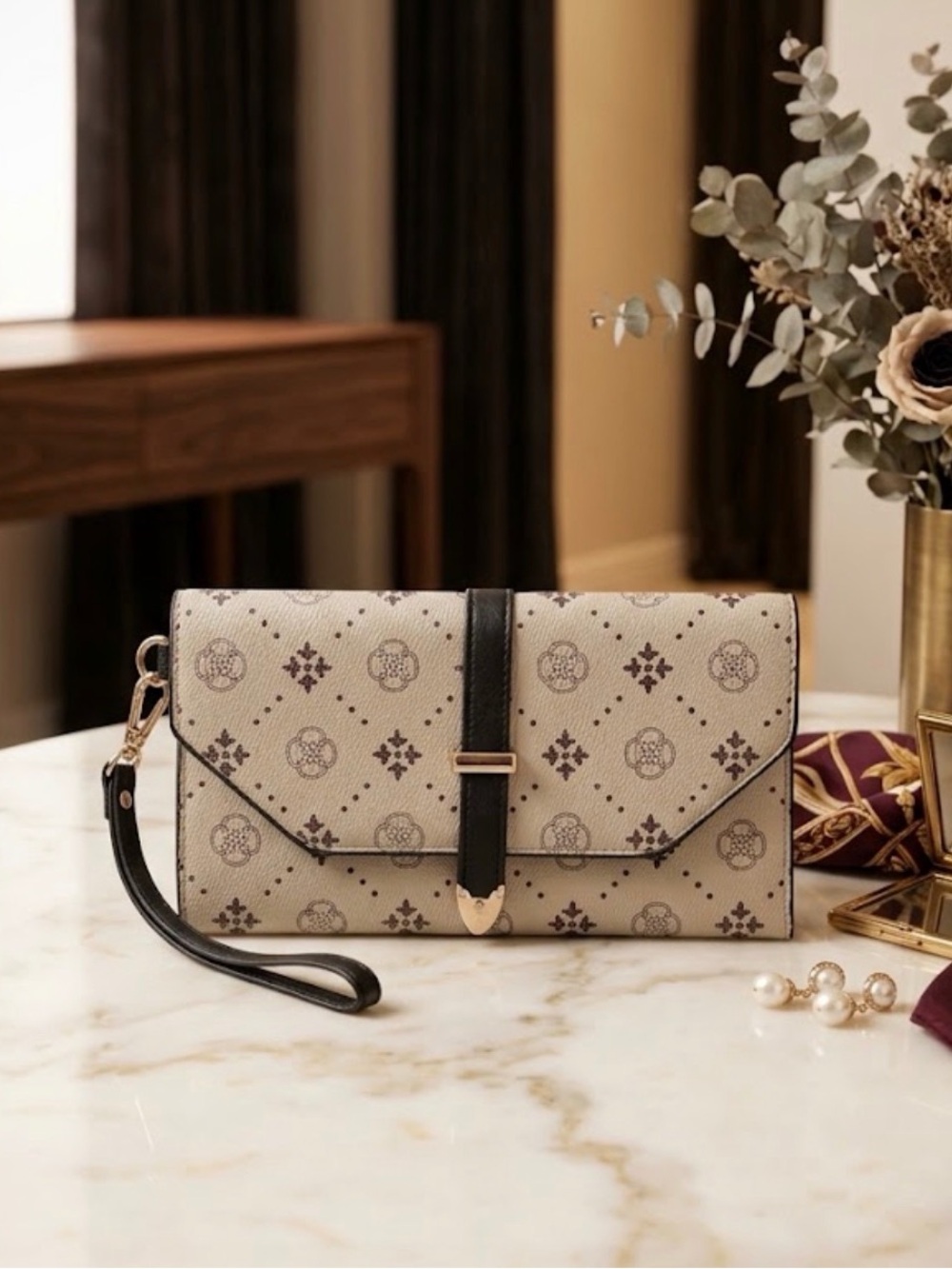 Beige and Burgundy Wristlet Clutch
